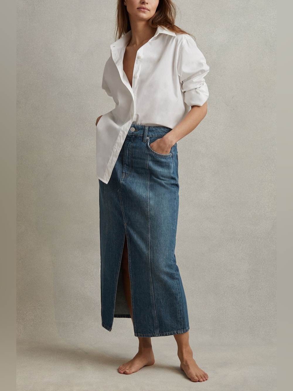 Reiss Daila High Rise Denim Midi Skirt in Mid Blue